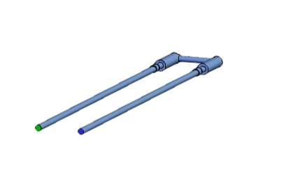 A blue U form cooling channel with a blue surface indicating the channel inlet and a green surface indicating the channel outlet.