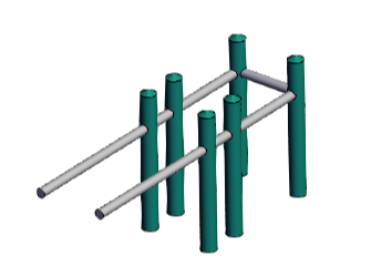 A gray U form cooling channel with six turquoise baffles.