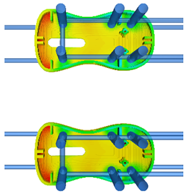 A 3D model of a mouse shell with colored thermal results and conventional cooling channels.