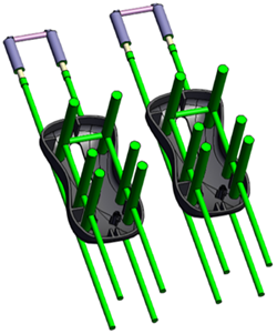A 3D model of a computer mouse shell and conformal cooling channels.