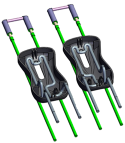 A 3D model of a computer mouse shell and conventional cooling channels.