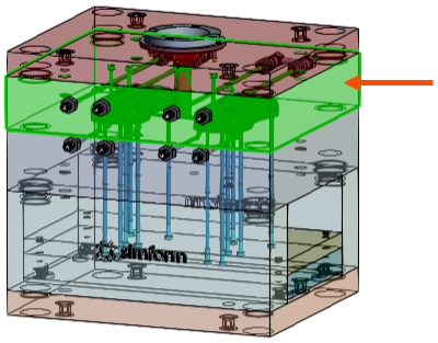 A mold model with an arrow indicating the mold cavity.