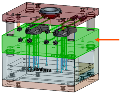 A mold model with an arrow indicating the mold core.