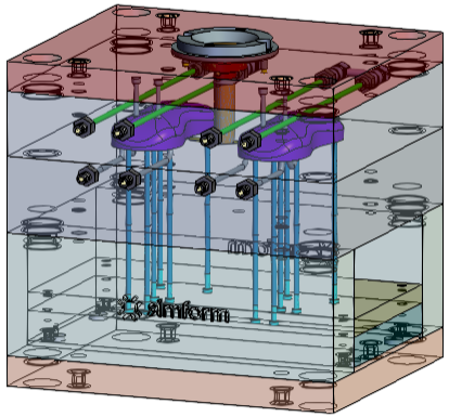 A mold model for a purple computer mouse shell with conformal cooling channels.