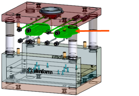 A mold model with an arrow indicating the plastic part.