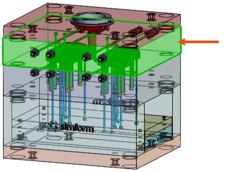 A mold model with an arrow indicating the mold cavity.