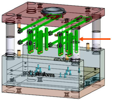 A mold model with an arrow indicating the cooling channels.