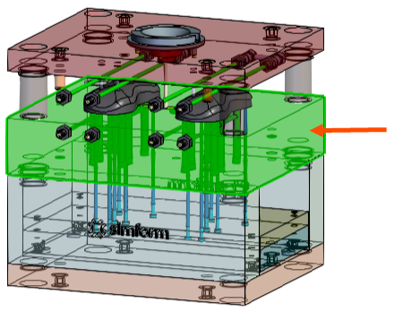 A mold model with an arrow indicating the mold core.