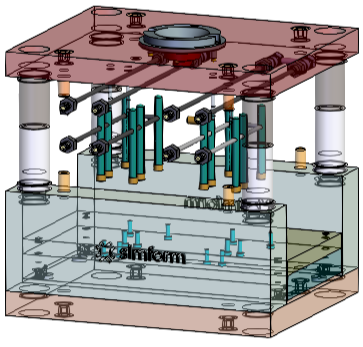 A mold assembly with visible internal components.