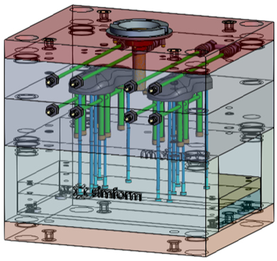 A mold model for a gray computer mouse shell with green conventional cooling channels.