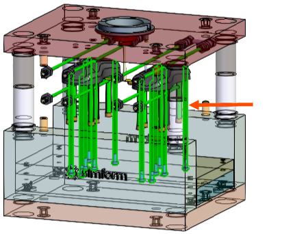 A mold model with an arrow indicating the ejector pins.