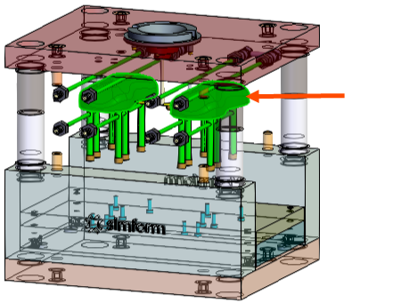 A mold model with an arrow indicating the plastic part.