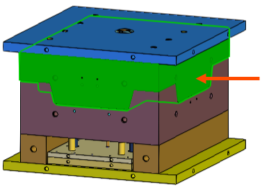 A mold with perforated cooling channels, and an arrow indicating the mold cavity.