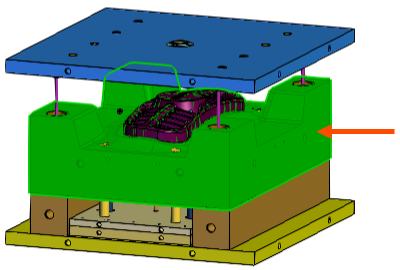 A mold with perforated cooling channels, and an arrow indicating the mold core.