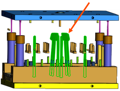 A mold with an arrow indicating the ejector pins and lifters.