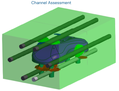 3D simulation of a computer mouse shell inside a mold block with cooling channels. Colored regions around the part show cooling priority.