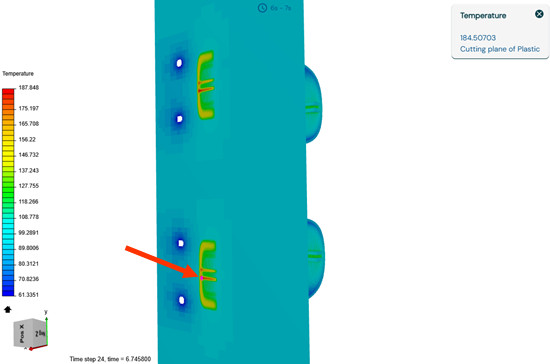 A cutting plane across a 3D model of a mouse shell with colored temperature results and an arrow pointing to a red area indicating a high temperature.