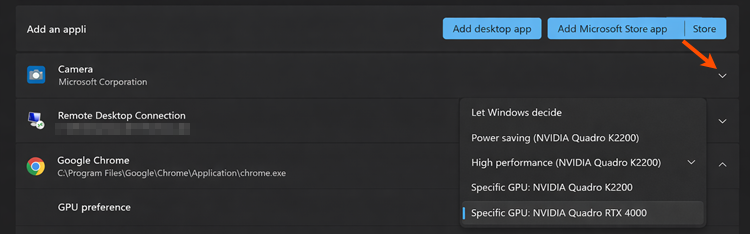 Windows Graphics settings showing the expanded Google Chrome entry with the GPU Preference options displayed.