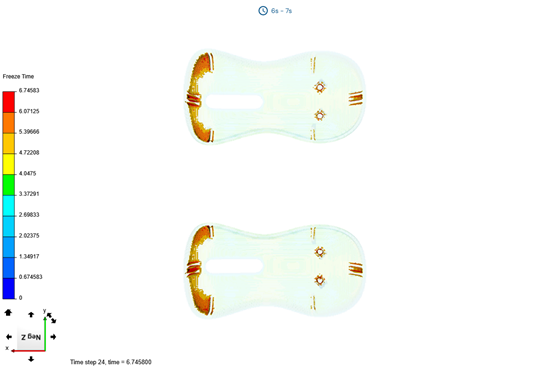 A 3D model of a mouse shell with filtered temperature results highlighting areas of the plastic part that remain above the target freeze time.
