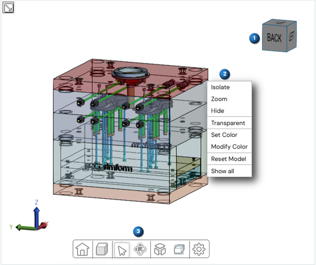 Setup display window showing a computer mouse shell mold model and right-click menu options