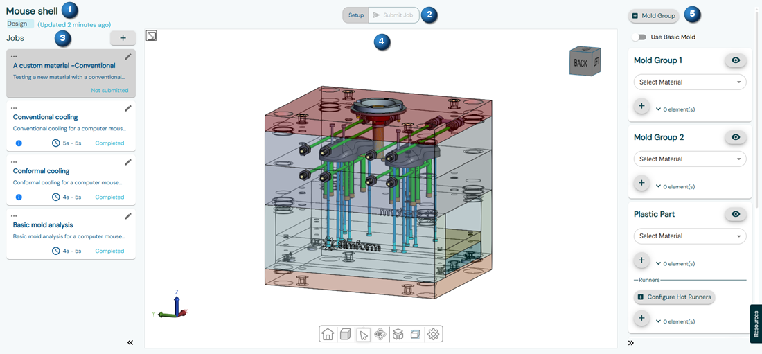 SimForm setup page showing a computer mouse shell mold model and setup options.