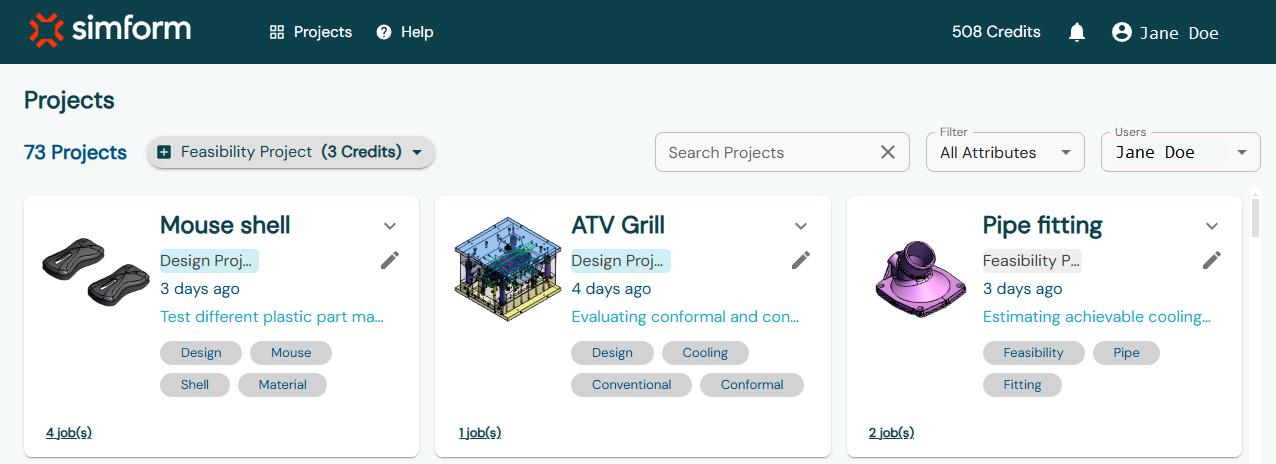 SimForm web interface displaying three projects.