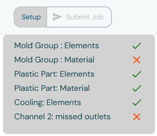 A check list of required items showing two errors: missing Mold Group material and missed outlets in Channel 2.