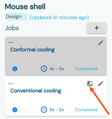 Jobs panel with two job cards and an arrow pointing to the compare jobs button.