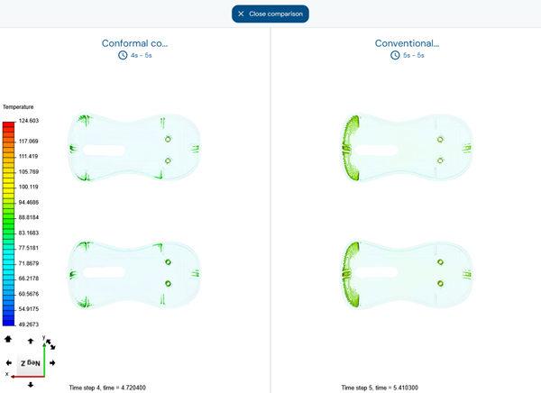 Side by side 3D models of computer mouse shells with filtered temperature results highlighting areas of the plastic part that remain above the target temperature.