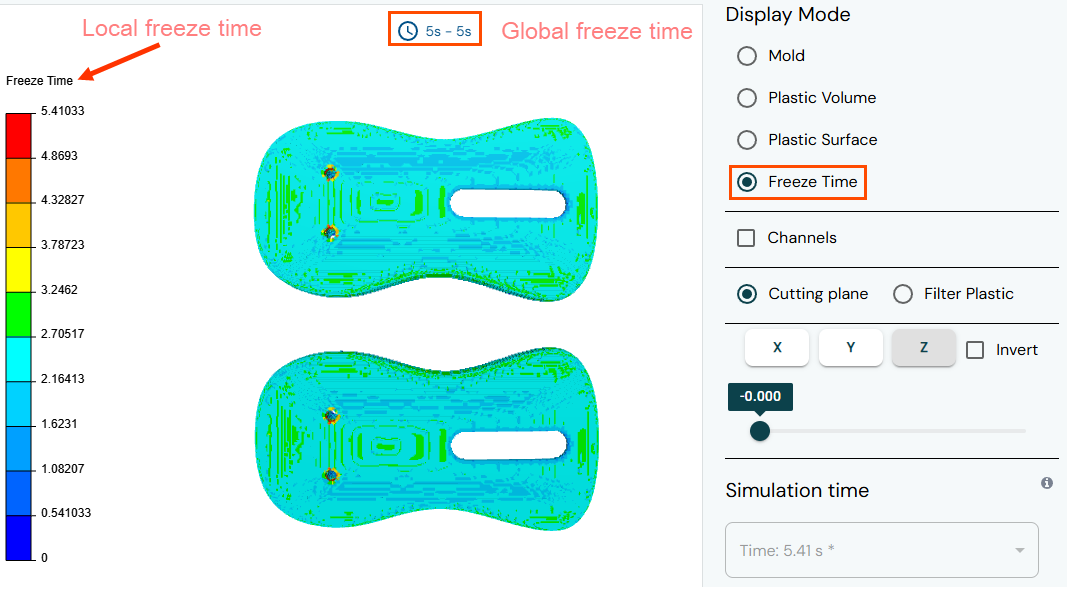 Freeze time analysis of a computer mouse shell showing local freeze time in a color map and global freeze time set to 5 seconds, with Freeze Time display mode selected.