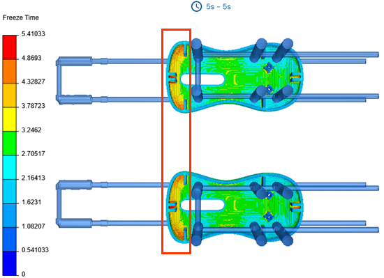 A 3D model of a mouse shell with colored freeze time results and cooling channels, and a highlighted box indicating an area with high freeze time.