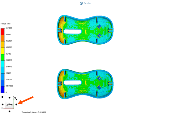 A 3D model of a mouse shell with colored freeze time results and an arrow pointing to the model manipulation tools.
