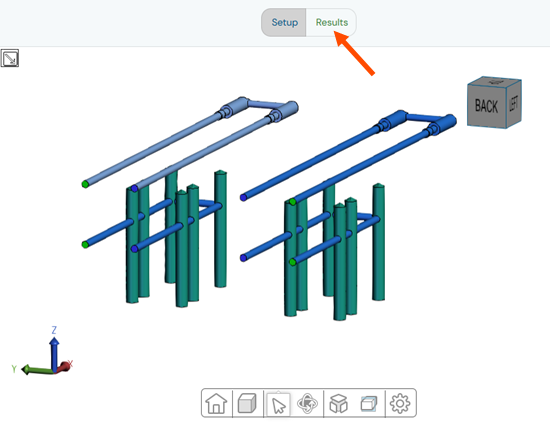 SimForm setup page showing cooling channels and an arrow pointing to the Results button.