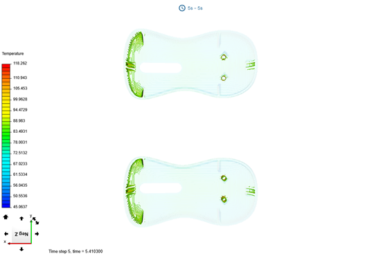 A 3D model of a mouse shell with filtered temperature results highlighting areas of the plastic part that remain above the target temperature.