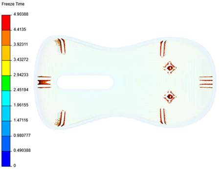 A 3D model of a mouse shell with filtered temperature results highlighting areas of the plastic part that remain above the target freeze time.