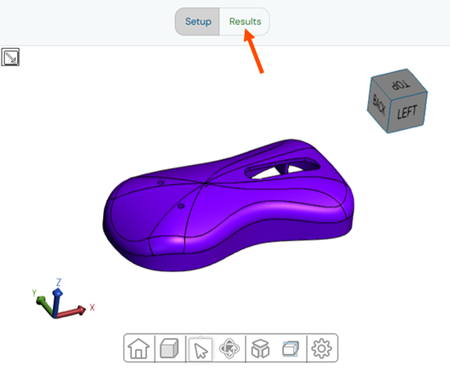 SimForm setup page showing a computer mouse shell plastic part model and an arrow pointing to the Results button.
