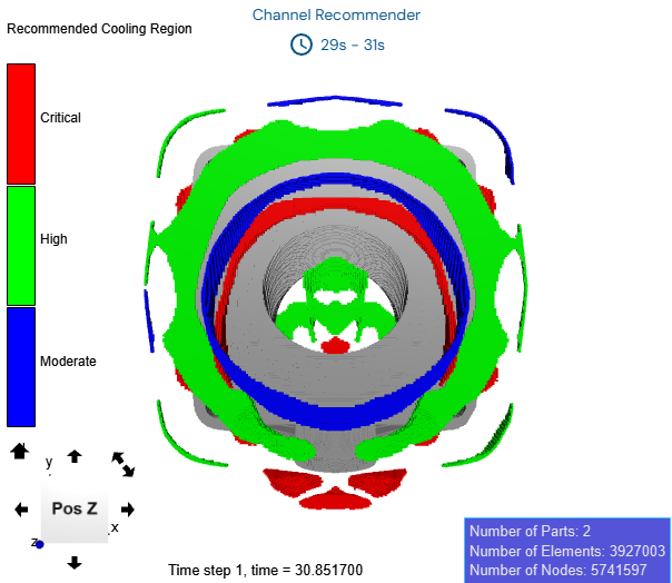 Top view of plastic part model showing color-coded recommended cooling regions.