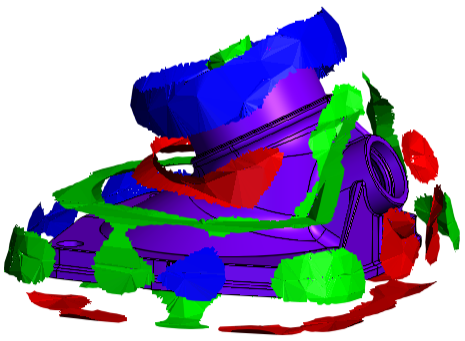 A plastic part model showing color-coded recommended cooling regions.