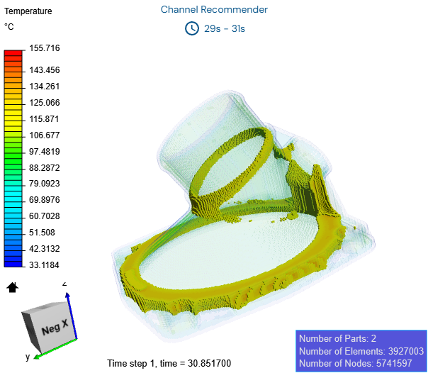 A plastic part model with filtered temperature results highlighting areas that remain above the target freeze time.