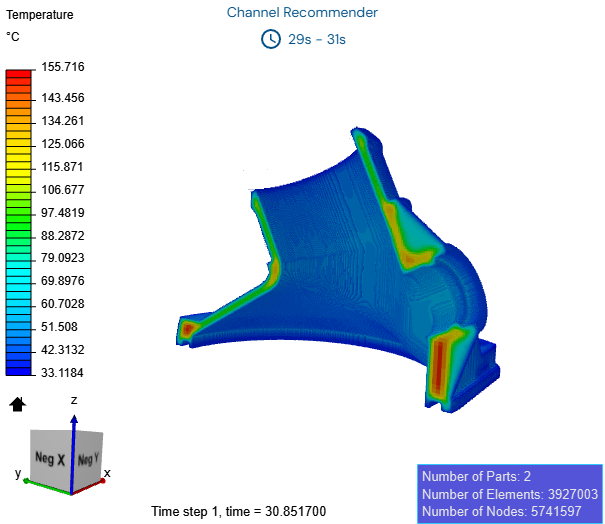 Temperature distribution results on the interior of a plastic part model.